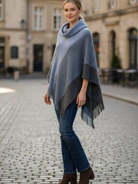 Chico's Silver Shimmer Blue Gray Cowl Neck Knit Poncho One Size